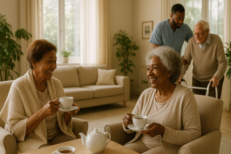 Elderly women enjoying tea together in a warm assisted living community as a caregiver supports another resident in the background.